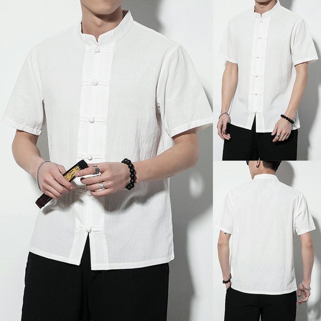 Koszal Men Solid Color Stand Collar Short Sleeve Loose Shirt Chinese Style Tang Suit