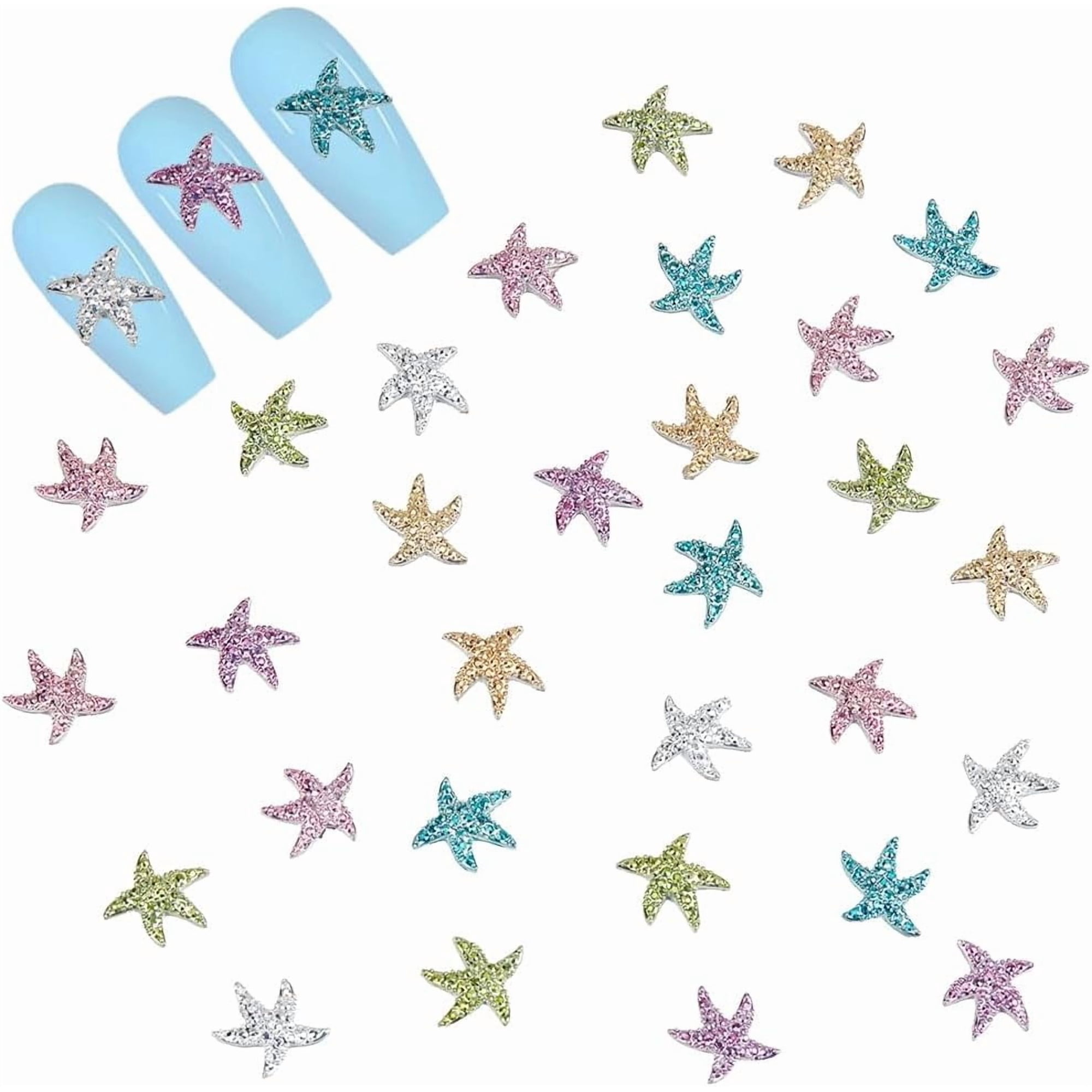 100Pcs Resin Starfish Nail Art Charms Mixed Colors Colorful Stars Flatback Nails Set Summer Beach Designs Rhinestones Studs Jewels Manicure Pink DIY Accessories Decorations