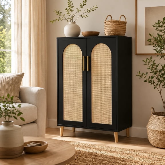 Rattan Buffet Cabinet with Adjustable Shelves 2 Doors and Storage Sideboard Black Oak