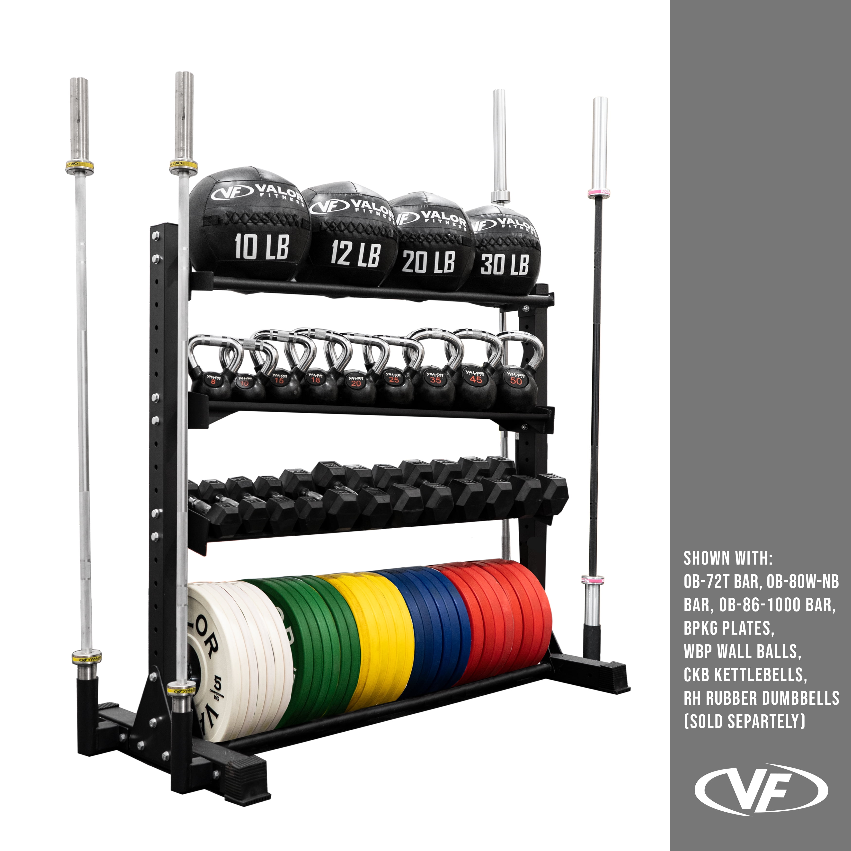 Valor Fitness Combo Weight Storage Rack, 4-Tier Bumper Plate Rack ,Dumbbells, Barbells, & Wall / Medicine Balls -Home Gym Organization -BG-62
