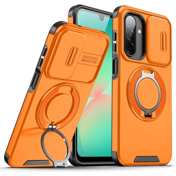 for Samsung Galaxy A26 5G Case, Shockproof Bumper Rugged Rotating Stand Ring Holder Magnetic Cover Compatible with Car Mount, Orange