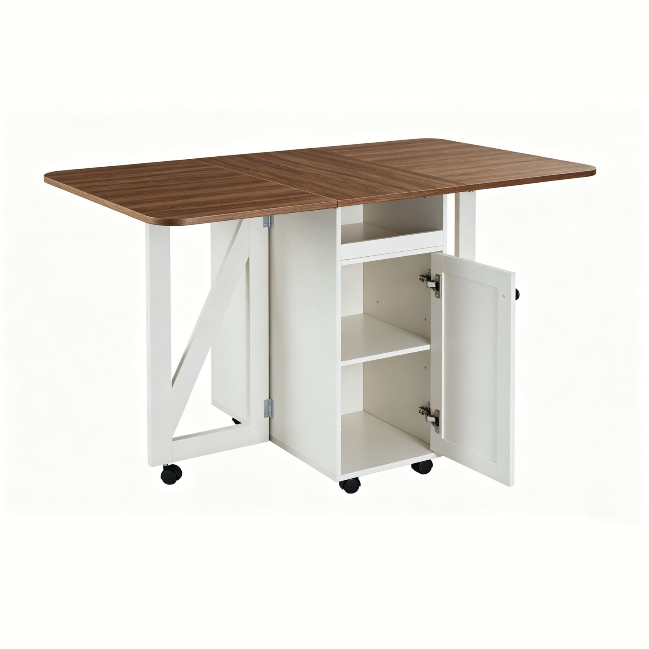 GDF Studio 50.8" Foldable Drop Leaf Dining Table with Rolling Storage Cabinet, White+Walnut