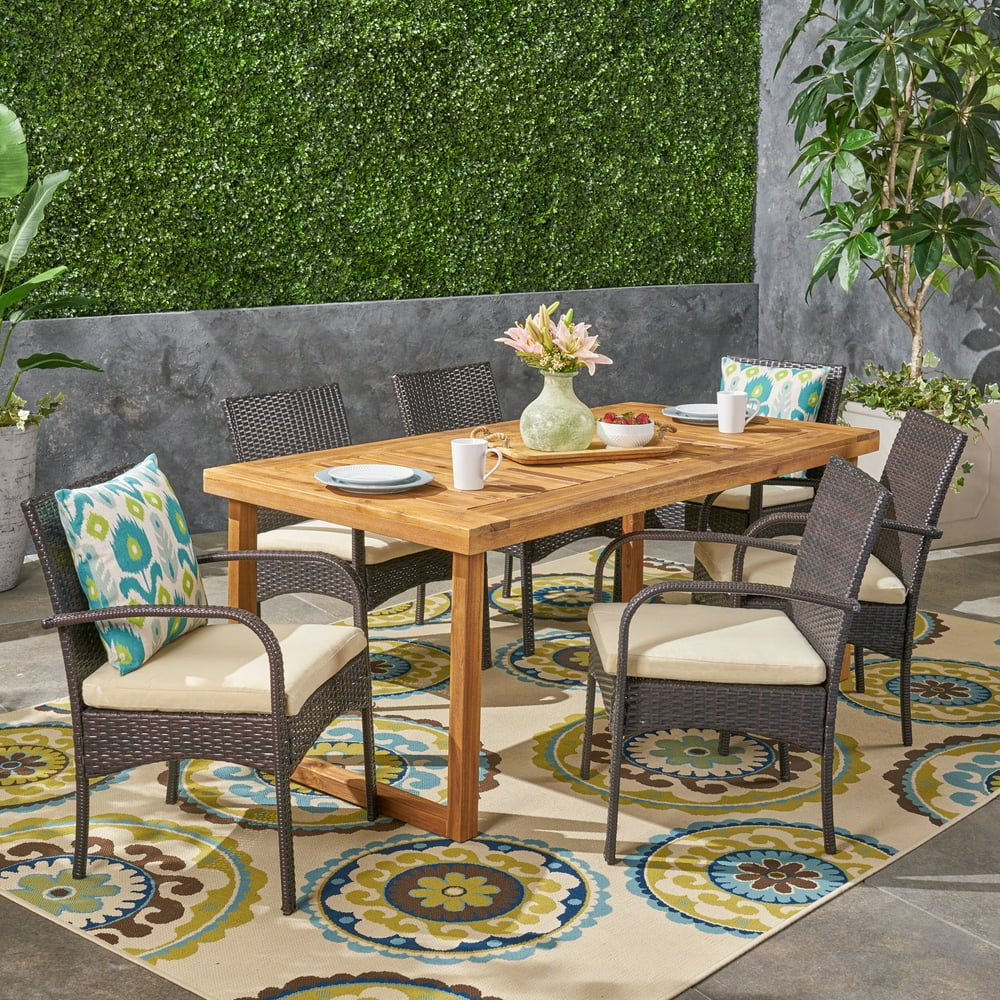 Norman Outdoor 7 Piece Acacia Wood Dining Set with Stacking Wicker ...