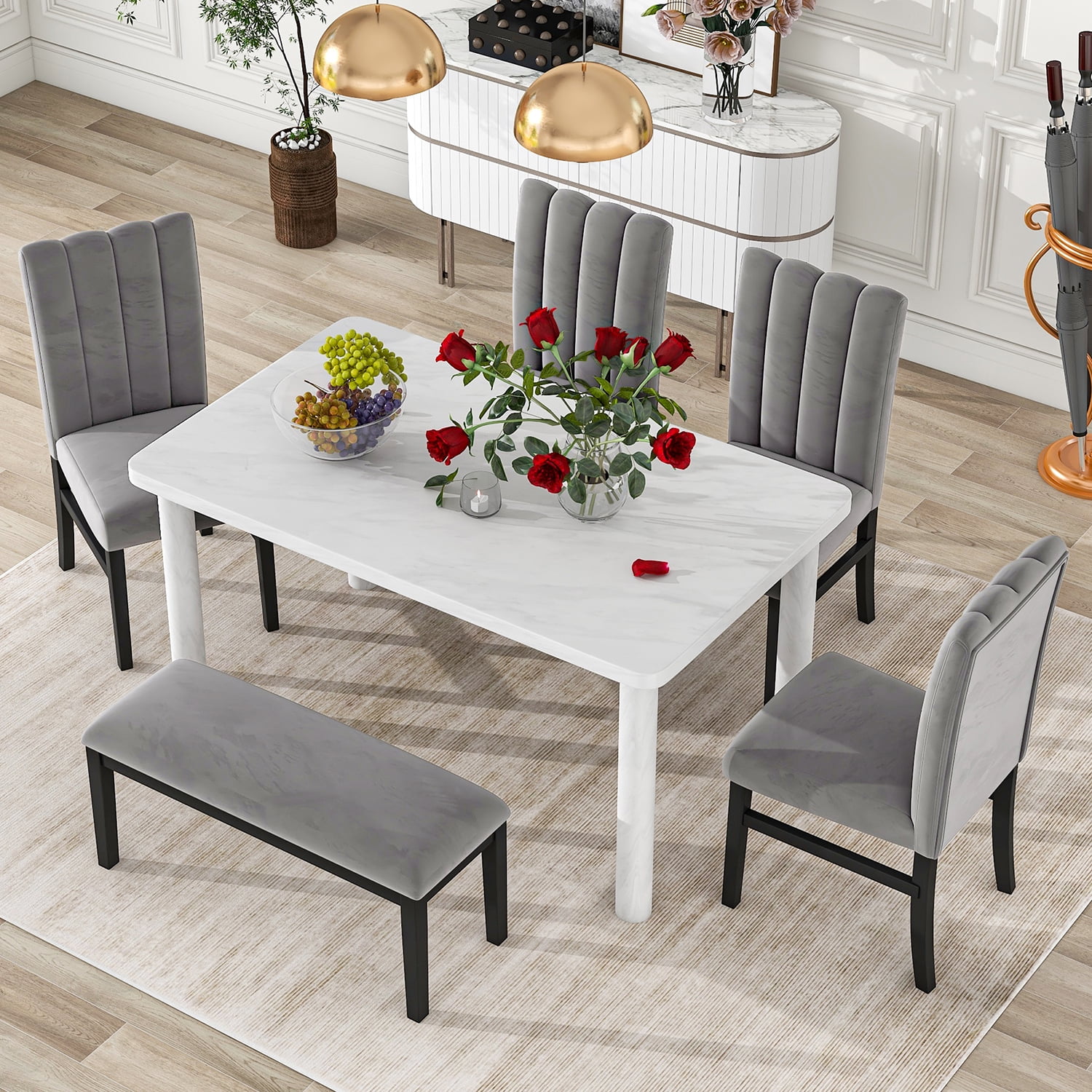 Kadyn 6-Piece Dining Table Set, Modern Home Dining Set with Marble Veneer Table and 4 Flannelette Upholstered Dining Chairs & Bench, Solid Wood Kitchen Table Set for Dining Room, White+Gray