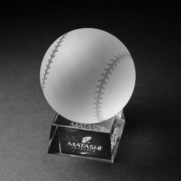Crystal Paperweight with Etched Baseball Ornament and Trapezoid Base by Matashi