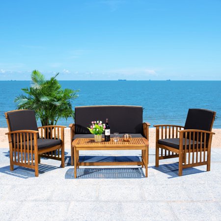 Safavieh Outdoor Rocklin 4-piece Conversation Patio Set Natural/Black Cushion