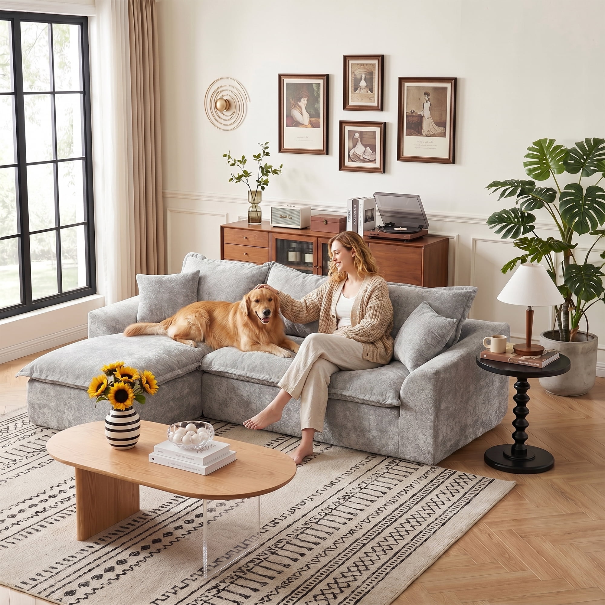 LEHZROAJ 103" Chenille Compressed Sofa,L Shaped Sectional Couch Pillows No Assembly Required for Living Room(Gray,Left)