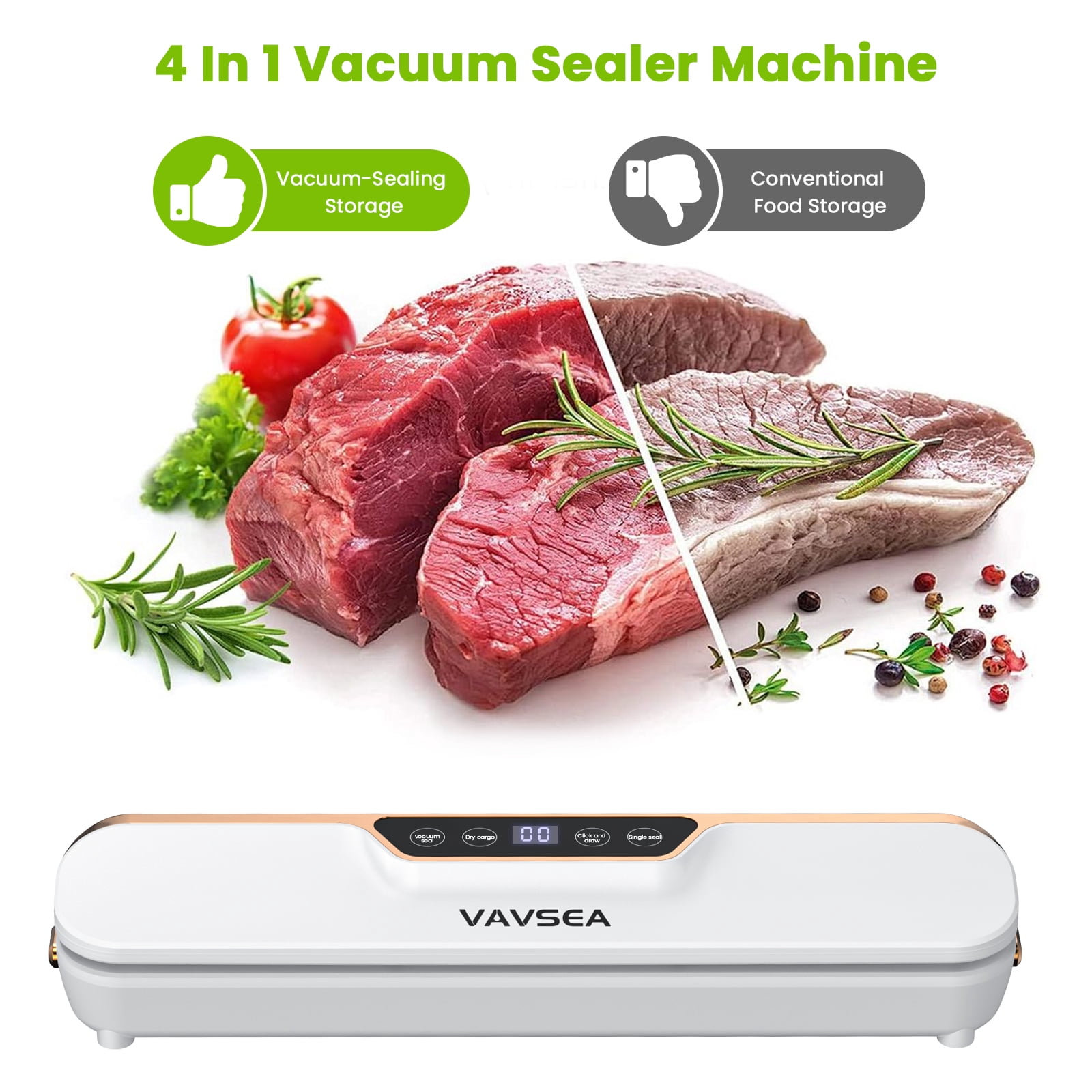VAVSEA Vacuum Sealer, 62Kpa Food Sealer Machines with 4 Modes, Dry/Draw/Seal/Vac and 10Pcs Bags Starter Kit for Dry & Moist Food Storage Sous Vide for Kitchen