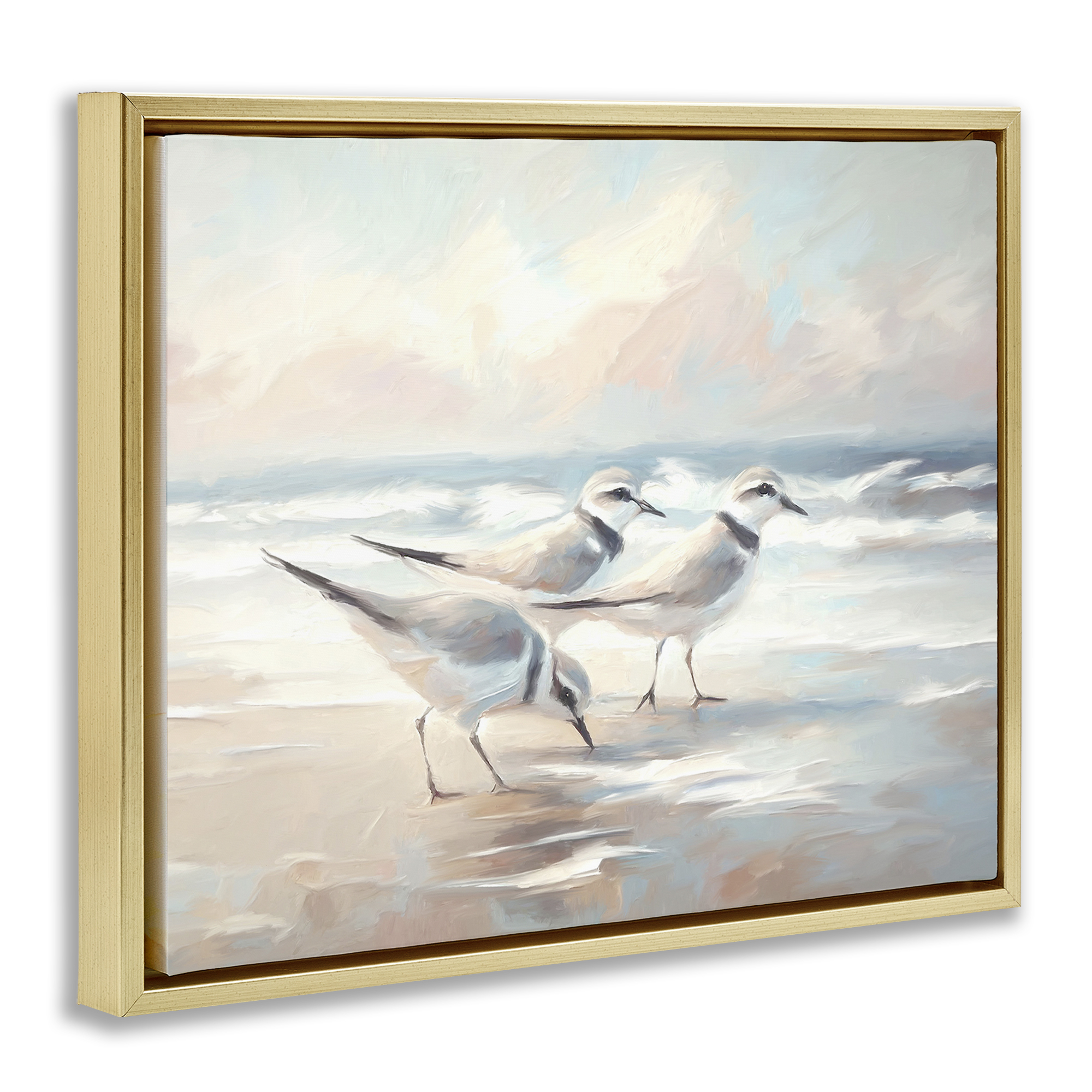 Stupell Industries Bay with Beach Birds Coastal Painting Gold Floater Framed Canvas Art Print Wall Art, 31 x 25