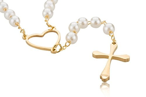 Edforce 18k Gold Plated Heart and Pearl Rosary with Cross, 29.5 inch