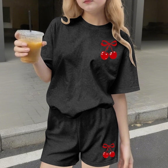 Amidoa Girls Summer Outfits 2 Piece Print Cute T Shirt Short Sleeve Top and Casual Shorts Kids Clothing Sets,Black Size 12