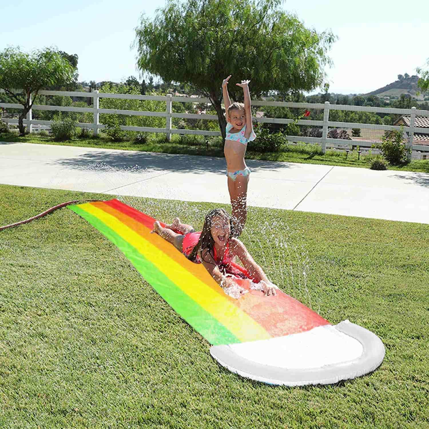 15 FT Lawn Water Slides Rainbow Slip Slide Play Center With Splash Sprinkler And Inflatable Crash Pad For Kids Children Summer Backyard Swimming Pool Games Outdoor Water Toys