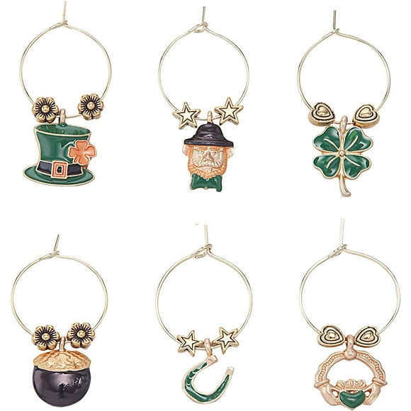 Supreme Housewares 6-Piece Wine Charms/Wine Glass Tags/Drink Markers for Stem Glasses, Wine Tasting Party, St. Patrick's Day Party (Luck of The Irish)