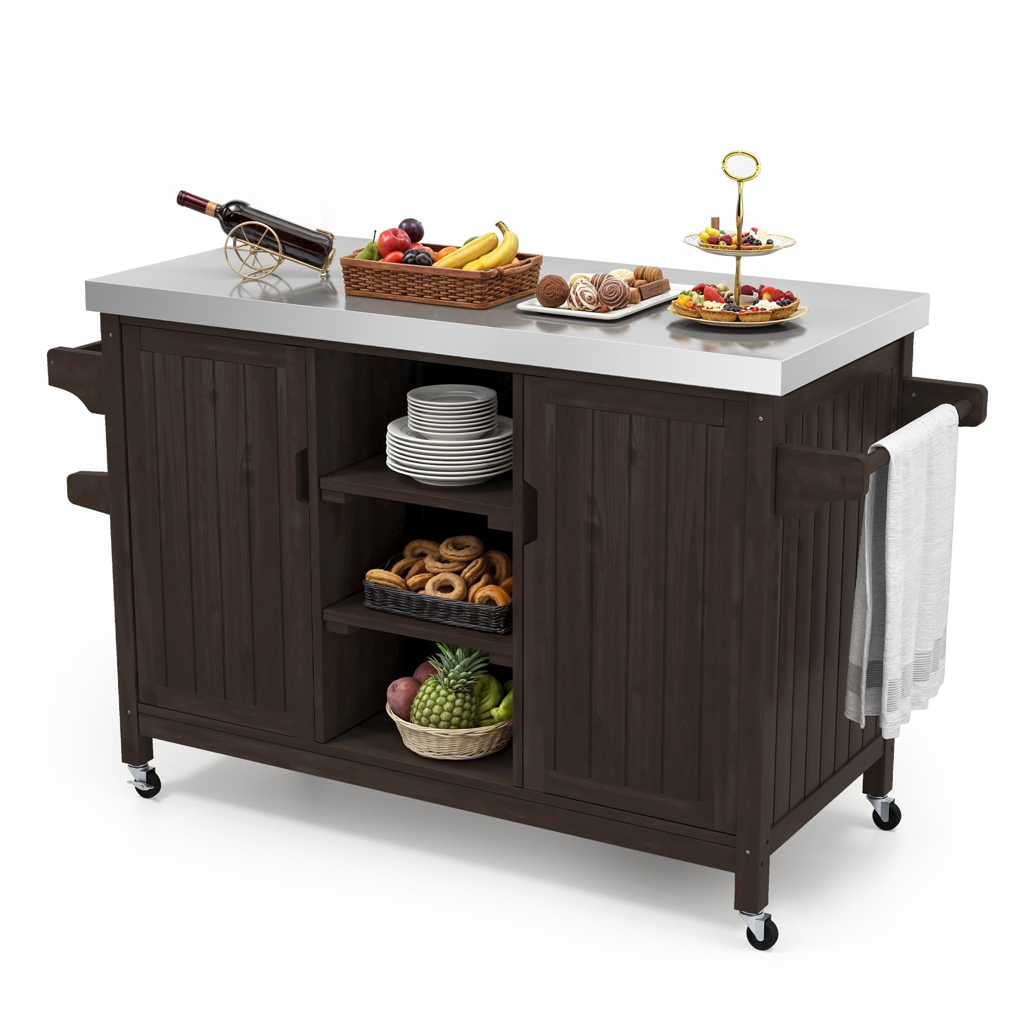 Uforic Outdoor Movable Grill Cart Storage Cabinet, MultiFunctional BBQ Grill Bar Cart, Bar, Prep Table, Rolling Kitchen Island - Brown
