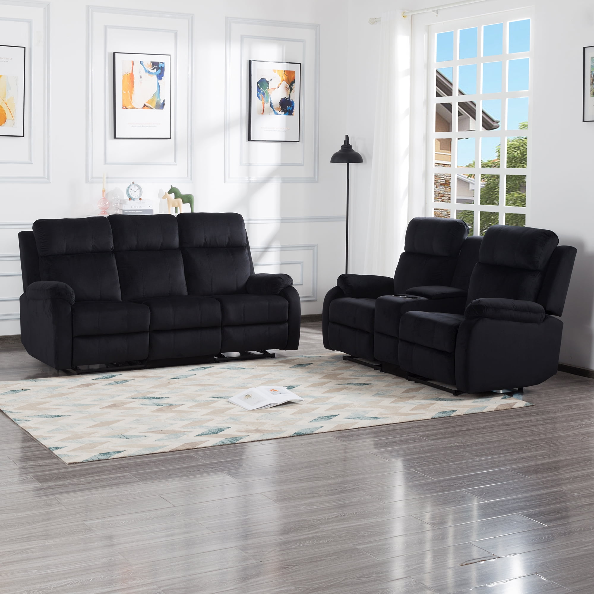 Kadyn 3-Seater Manual Recliner Living Room Set, Sectional Recliner Sofa Set for Living Room, Velvet Recliner Chair Sofa Set, Black