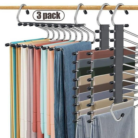 3 Pack Pants Space Saving Hangers ,Space Saving 2 Pack 6 Tier and 1 Pack 9 Tier Pant Hangers, Anti-Slip, Stainless Steel,  Black