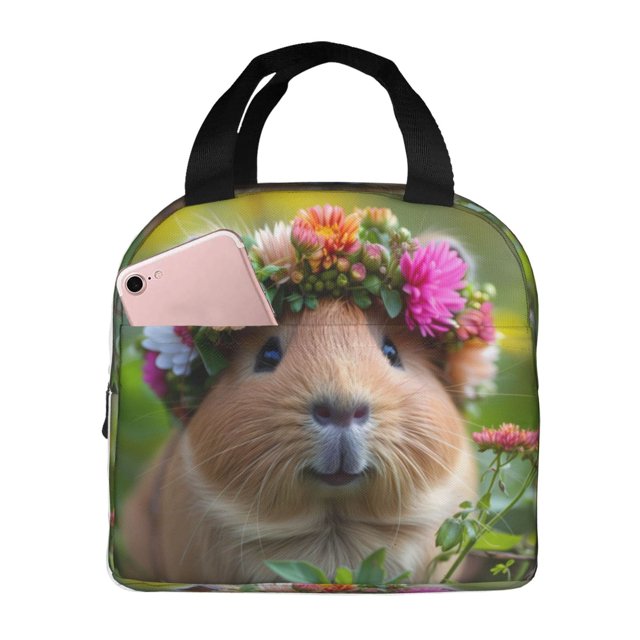 Fotbe Flower Crown Guinea Pig Bolsa Térmica con Estampado y Forro de Aluminio Grueso Bolsa de Almuerzo con Bolsillo Frontal para Hombres y Mujeres, Ideal para Trabajo, Escuela