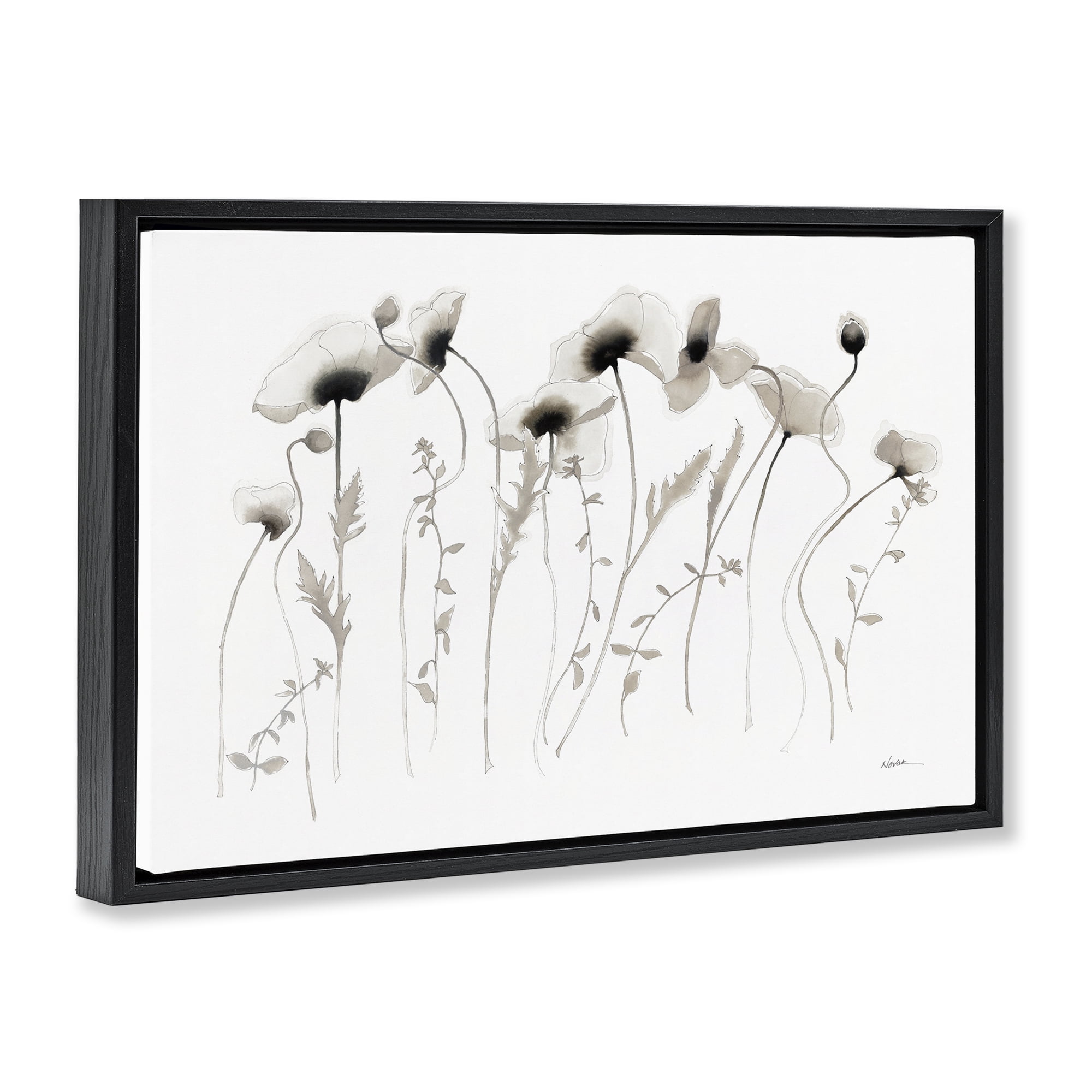 Stupell Industries White Poppy Sprigs Botanical & Floral Painting Black Floater Framed Art Print Wall Art, 25 x 17