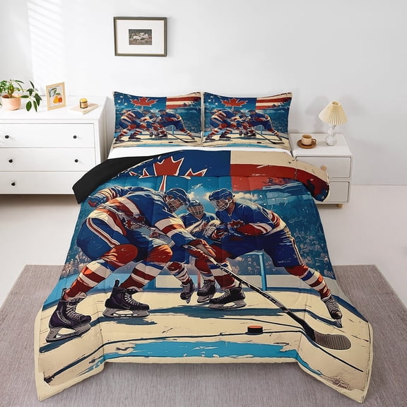 Ice Hockey Bedding Twin Comforter Set,Striped Hockey Player Comforter Set Teens,Competitive Ball Games Duvet Insert,Puck Hockey Sports Lovers Down Comforter,Soft Cozy