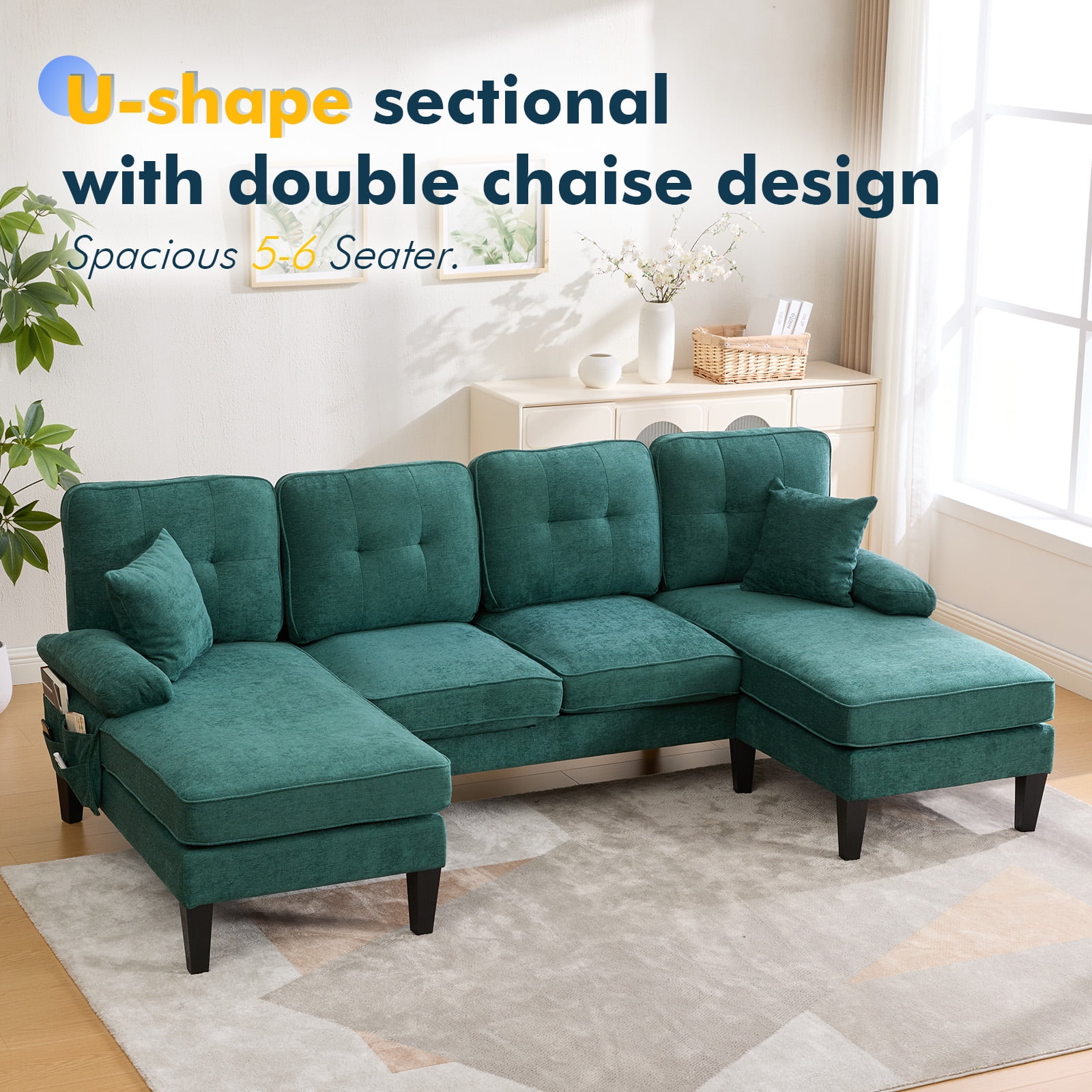 MOONMISS U-Shaped Sectional Sofa, 4 Seater Sectional Couch with Chaise, Modular Sleeper Sectionals for Living Room-Green