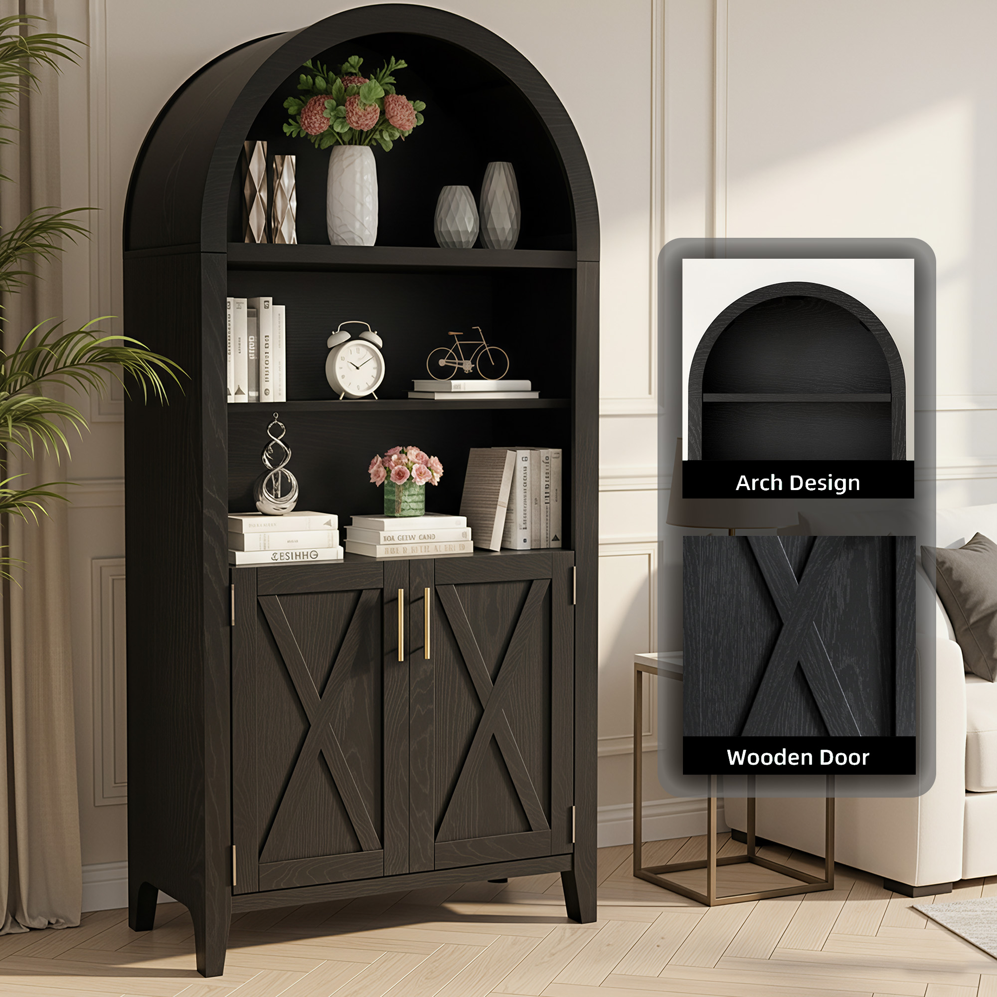 MAYEERTY Arch Accent Cabinet, Elegant Display Cabinet for Living Room & Entryway, 63" Black