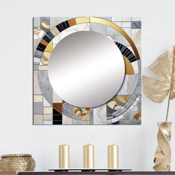 Designart "Mosaic in Grey and Yellow IV" Abstract Shapes Square Mirror Wall Decor Transitional - Large Grey Square Bathroom Mirror - Square Printed Wall Mirror Art