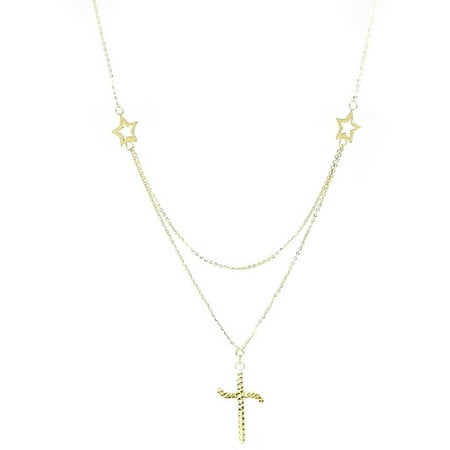 American Designs Jewelry 14kt Yellow Gold Diamond-Cut Double-Strand Star and Cross Religious Dangle and Drop Necklace, Adjustable 16-18 Chain