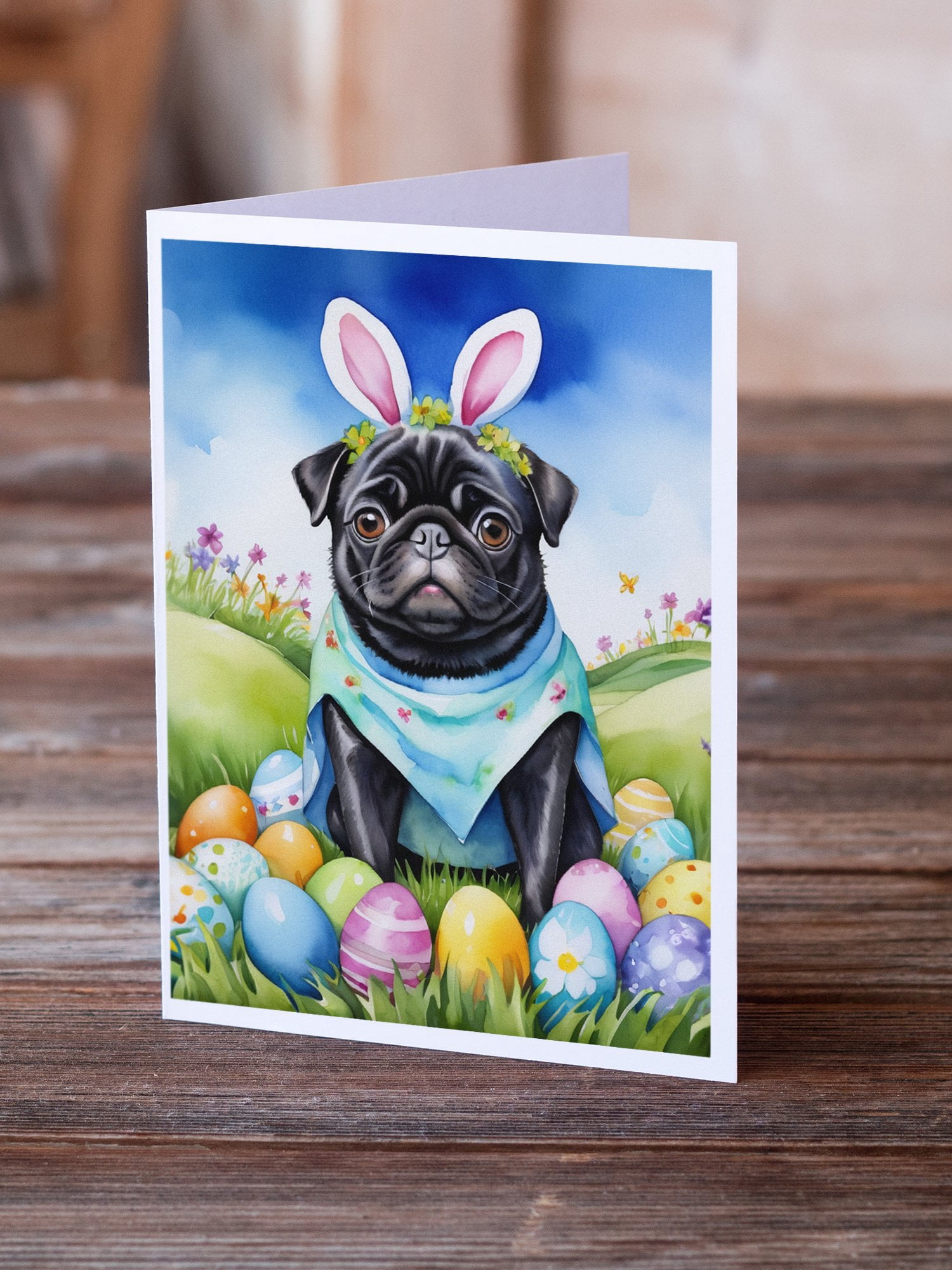 Pug Easter Egg Hunt Greeting Cards Pack of 8 7 in x 5 in