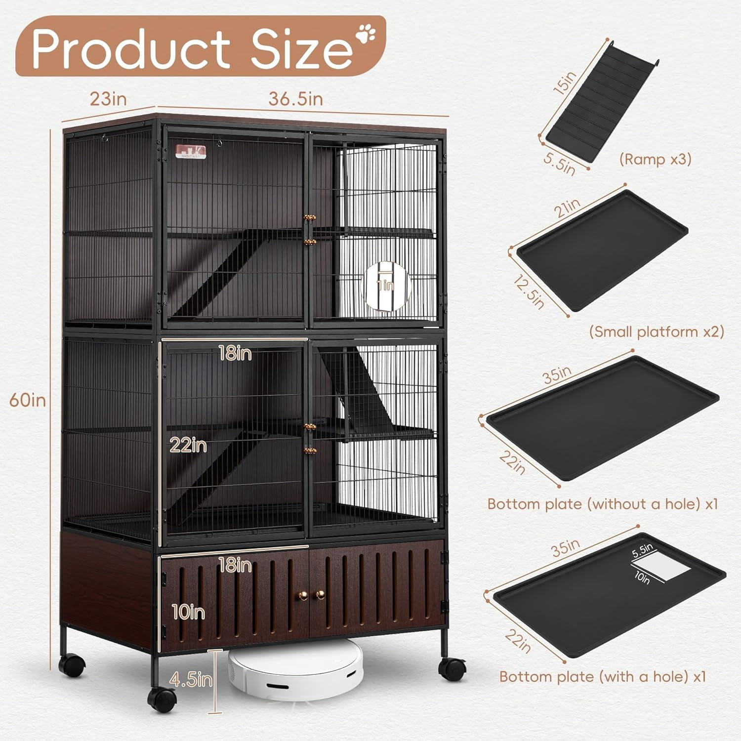 Juiluna 60" Large Metal Ferret Cage, 3-Level Chinchilla Cagewith Wheels, Multi-Level Small Animal Habitat for Chinchilla/Guinea Pig/Rats, Lockable Doors, Ramps, Hammock & Storage Cabinet (Black)