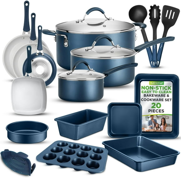 NutriChef Professional Juego de cocina de 20 piezas en azul marino, ollas y sartenes antiadherentes duraderas con utensilios para hornear, compatible con cualquier estufa, fácil de limpiar, 20 piezas