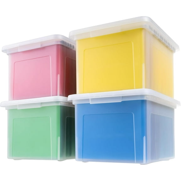 Librala File Box, Plastic File Organizer with Lids for Letter/Legal File, Portable Document Box For Moving, Storage Bin with Durable and Secure Lid, Stackable Nestable , Clear 35 Qt. 4 Pack