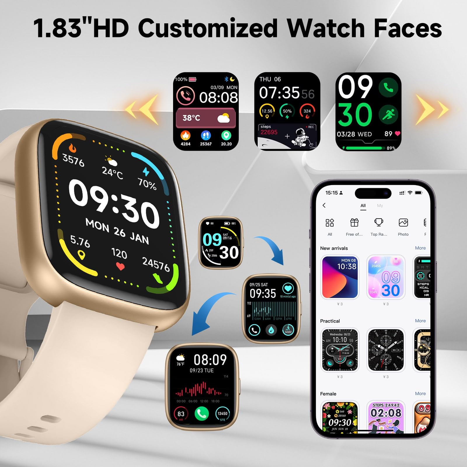 Smart Watch for Men Women,Alexa Built-in Smartwatch(Answer/Make Calls) 1.83" HD Fitness Tracker IP68 Waterproof Watches 100+ Sport Mode Activity Tracker Sleep Monitor iOS Android Compatible