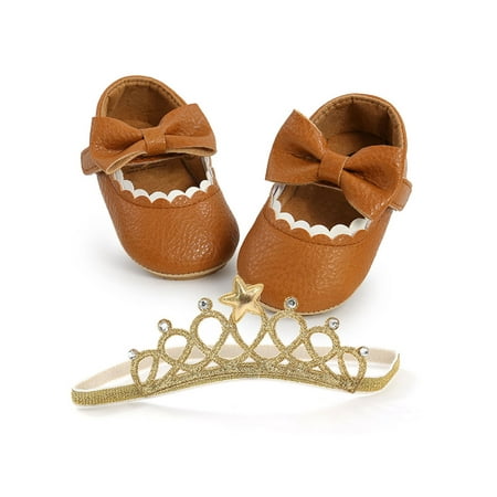 

Gomelly Baby Crib Shoes Rubber Soft Sole Loafers Magic Tape Mary Jane Flats Non-slip Loafer Flat Little Kids Infant Casual Shoe Brown With Hair Band 5C