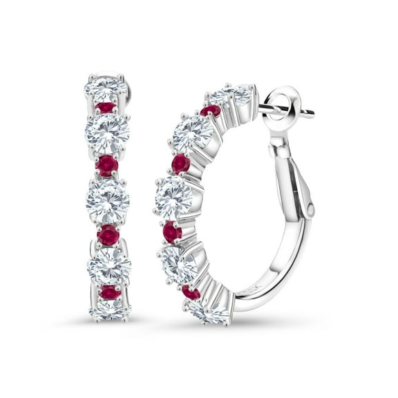 Gem Stone King 925 Sterling Silver White Moissanite and Red Created Ruby Hoop Earrings for Women (2.70 Cttw, Round 4MM and 1.9MM, Gemstone Birthstone 1 inch Diameter)