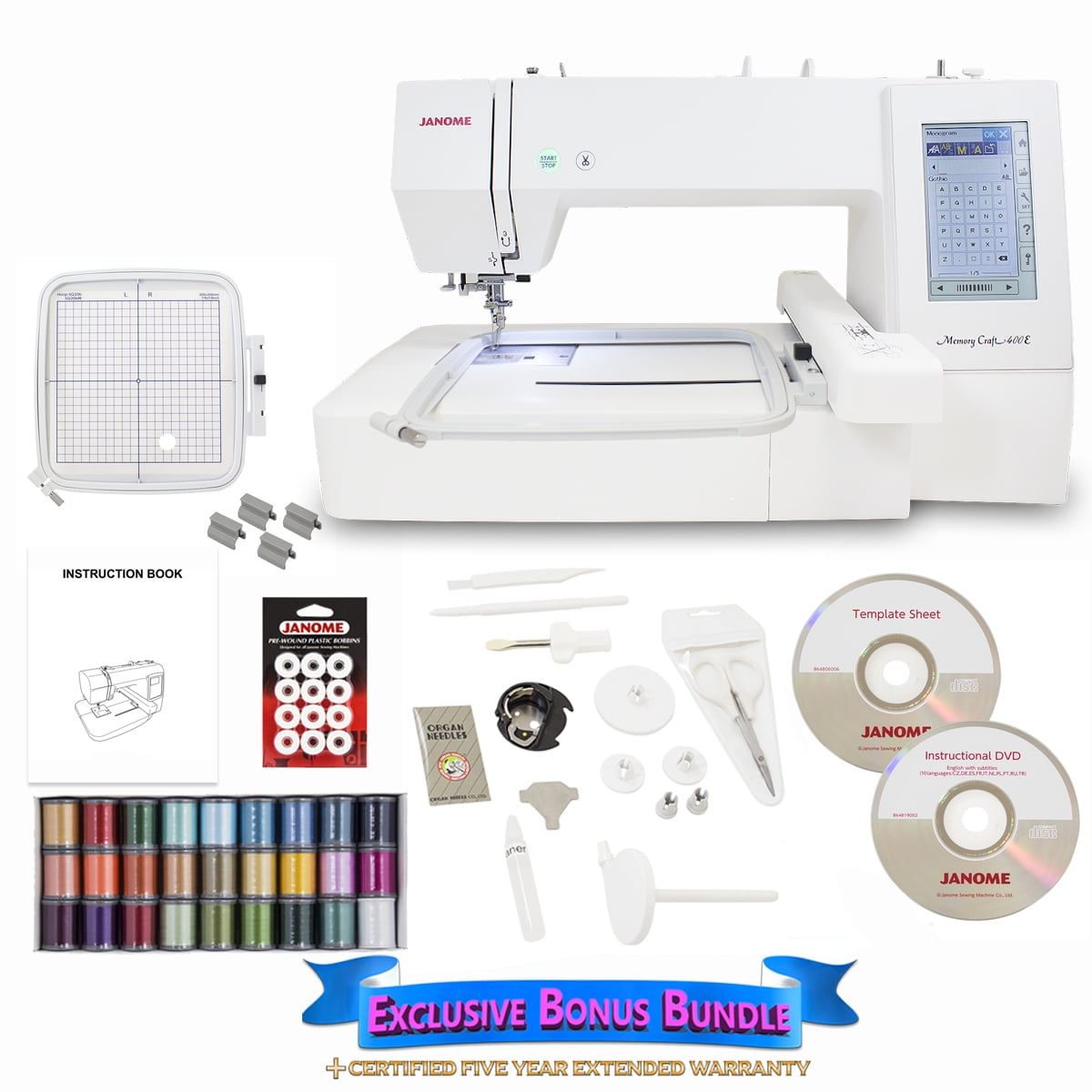 Janome Memory Craft 400E Embroidery Machine with Exclusive Bonus Bundle