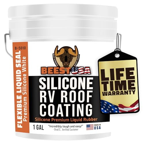 BEEST Silicone RV Roof Coating, 1 Gallon Temperature Reducing White RV Roof Sealant, Silicone Trailer Camper & Metal Roof Coating & RV Sealant, Rubber RV Roof Sealant Waterproof, TPO, EPDM Roof Sealer