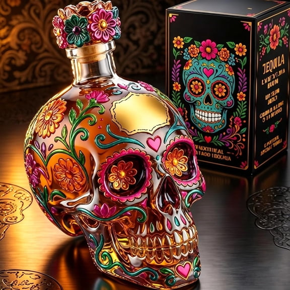 Gothic Skull Decanter Bottle, Day of The Dead Tequila Whiskey Vodka Dispenser, Decorative Glass Liquor Decanter for Bar Home (350ml)