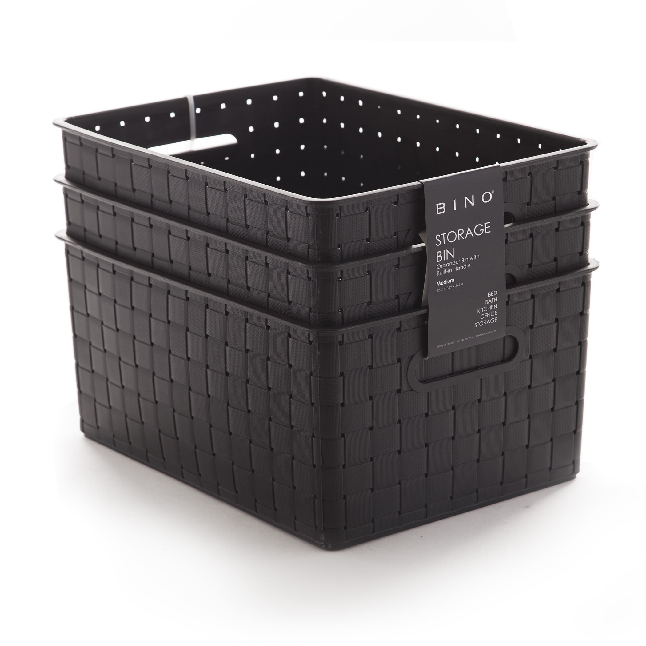 BINO Woven Plastic Storage Basket, Medium 3 PACK (Black