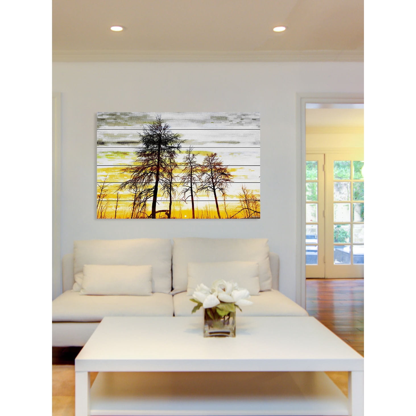 Parvez Taj  - Trees Against Gold Sky Painting Print on White Wood - Multi-Color 60 x 40