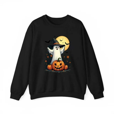 Halloween Adorable Specter Sweatshirt Witch Hat Round-neck long-sleeved Starry Night Design Cotton Black S-3XL