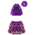 thumbnail image 2 of Alvivi Girls Sequins Dance Performance Outfits Sleeveless Halter Crop Top Skirt with Hair Band Set Purple 11-12, 2 of 5