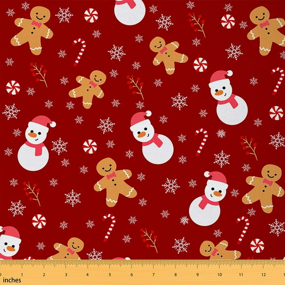 Homewish Xmas Gingerbread Man Fabric by the Yard 1 Yard,Cartoon Christmas Snowman Home Decor Fabric by the Yard,Red Brown White Sewing Fabric For Girls Boys Kids,Super Cozy Room Decor