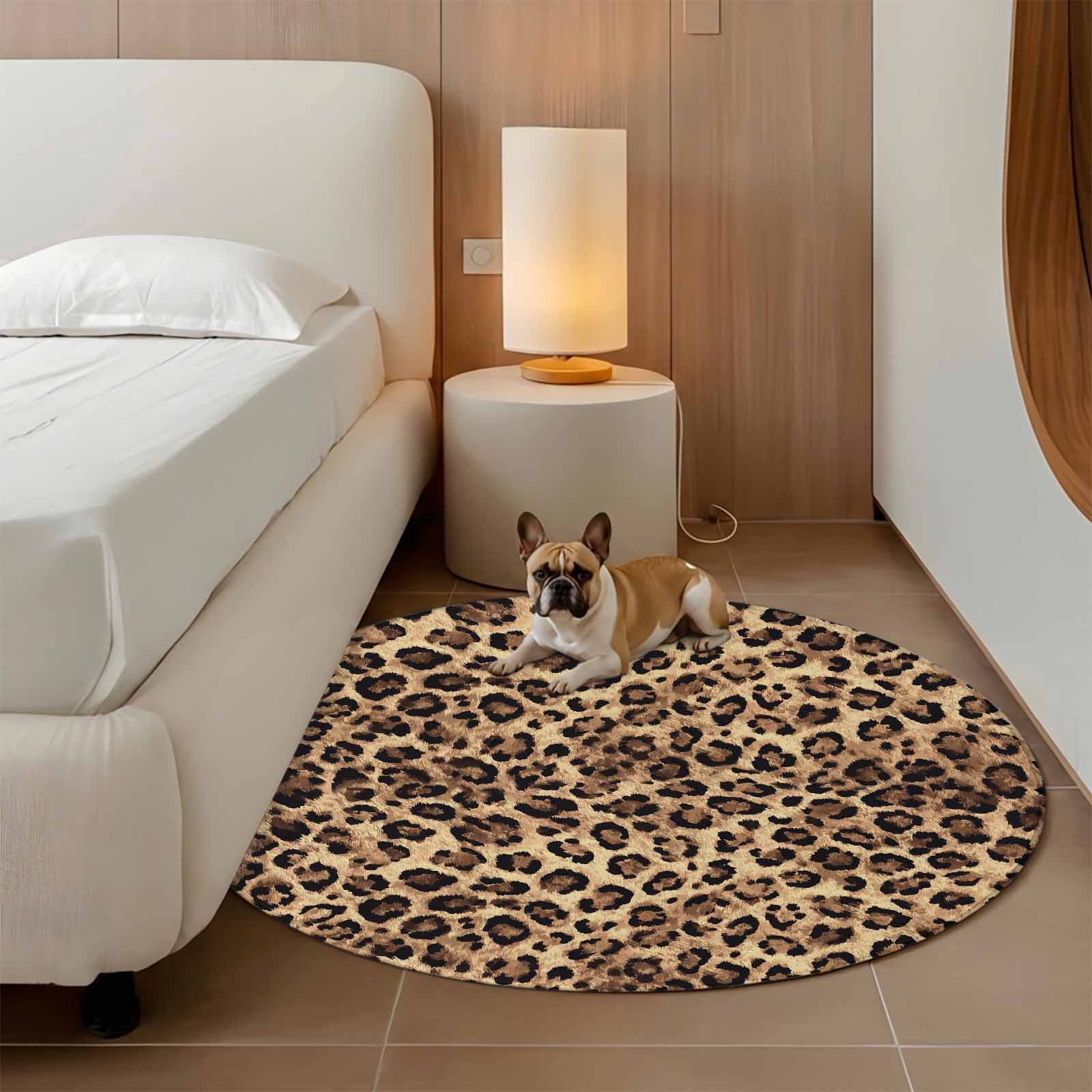 Leopard Printed Round Area Rug 8Ft Washable Large Circle Rugs for Living Room Dorm, Modern Animals Textured Brown Non-Slip Carpet Floor Mats Indoor Outdoor Carpet Runner Aesthetic Home Decor