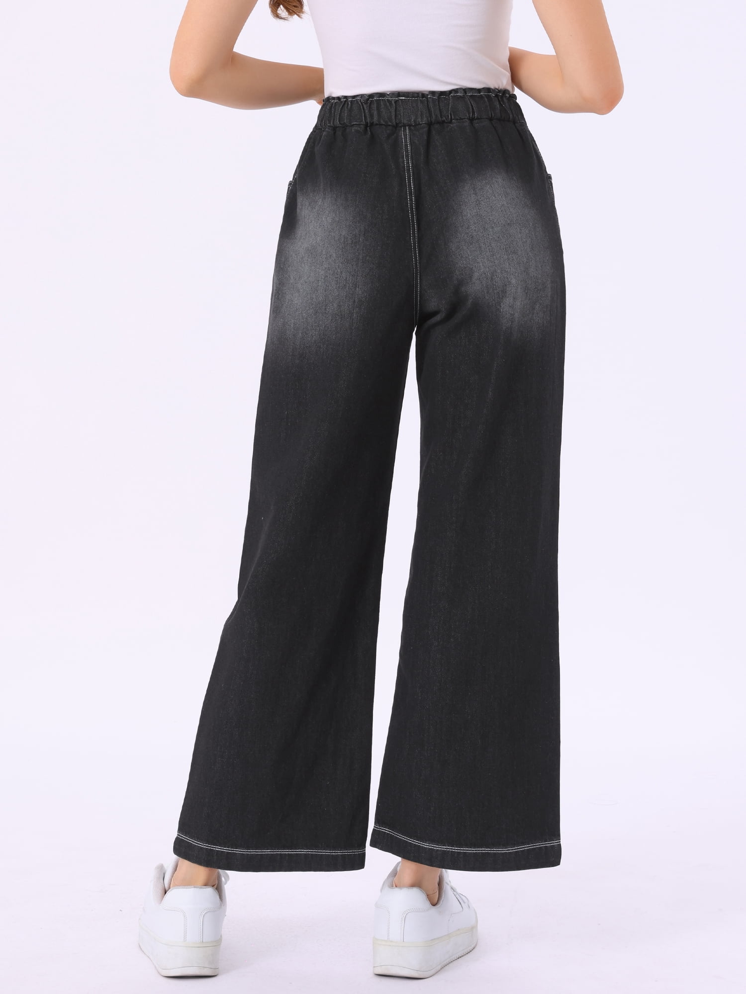 DARING DIVA Women's Trendy Elastic Waist Wide Legs Drawstring Jeans M Black