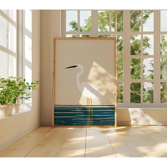 Snowy Egret Art Print, Minimalist Heron Art Print, Coastal Bird Poster, Modern Egret Wall Art, Nautical Wildlife Decor, Scandinavian Decor Wall Art, Modern Wall Decor, 8x12 UNFRAMED