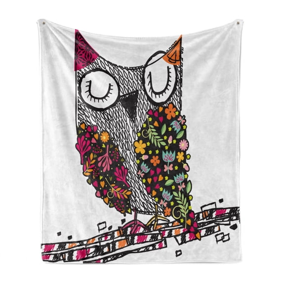 Owl Soft Flannel Fleece Blanket, Childish Sketch Art of Bird with Colorful Flowers Abstract Scribble Inspired by Nature, Cozy Plush for Indoor and Outdoor Use, 50" x 70", Multicolor, by Ambesonne
