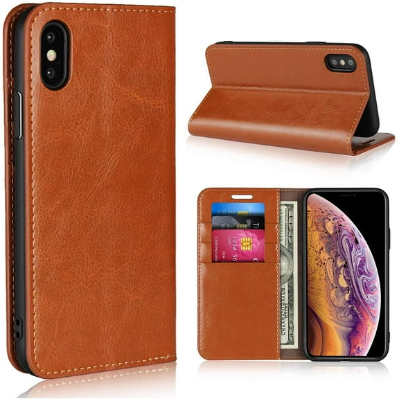 iPhone Xs Wallet Case,Premium Leather Folio Flip Case Cover Book Design with Kickstand Feature with Card Slots/Cash Compartment for iPhone Xs - Khaki