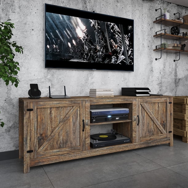 HIUU Wood TV Stand with Barn Door,70 inch TV Stand with Storage,Retro