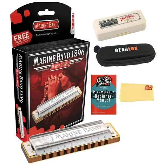 Hohner Marine Band 1896 Classic Harmonica - Key of G# Bundle with Carrying Case, Zip Case, Instructional Manual, and Austin Bazaar Polishing Cloth