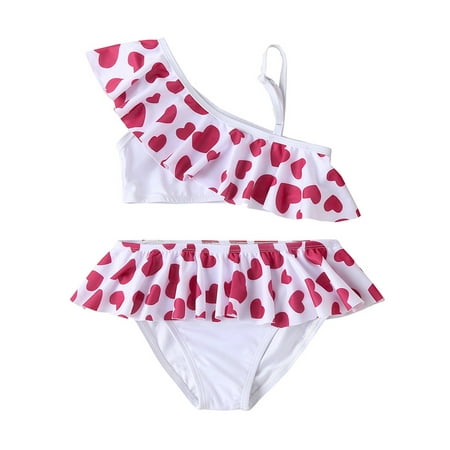 

B91xZ Toddler Swimsuits for Girls Toddler Summer Girls Valentine s Day Love Print Pink Ruffles Two Piece Swimwear Swimsuit White Sizes 6-7 Years